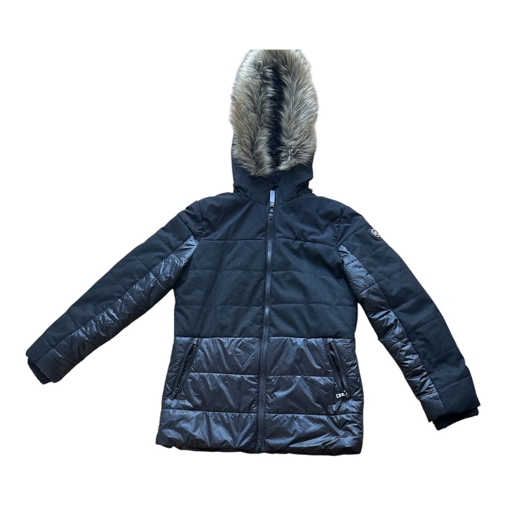 Swiss Alps Girls Black Mixed Media Puffer Jacket Faux Fur Hood Size L 14 MGJ9274